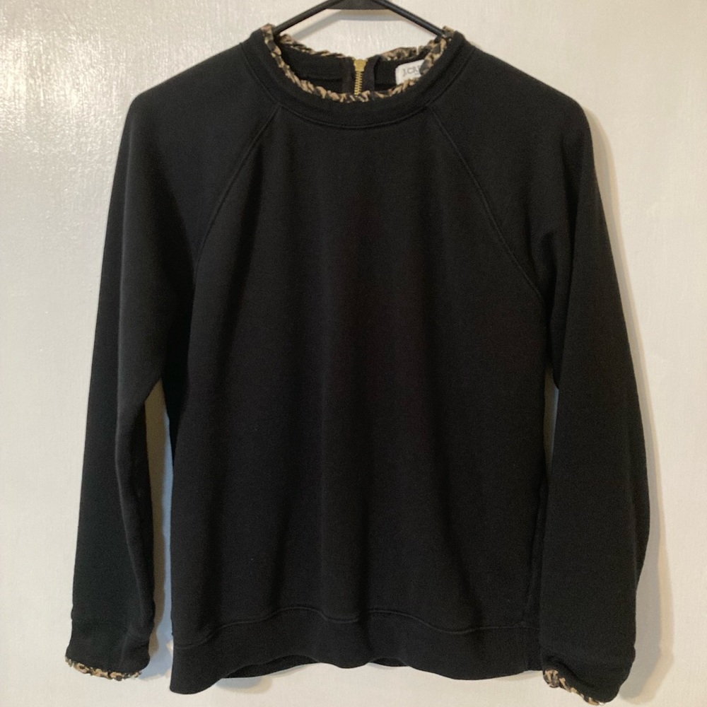 J. Crew Black Sweater with Cheetah Neckline and Sleeve Ruffle Detail